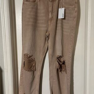 Women's Beige Ripped Straight Leg Jeans